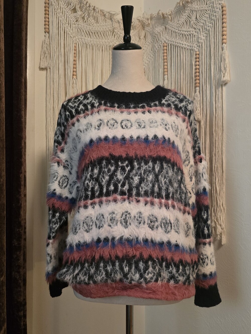 eesome Fuzzy Striped Crewneck Sweater in Black, White & Rose